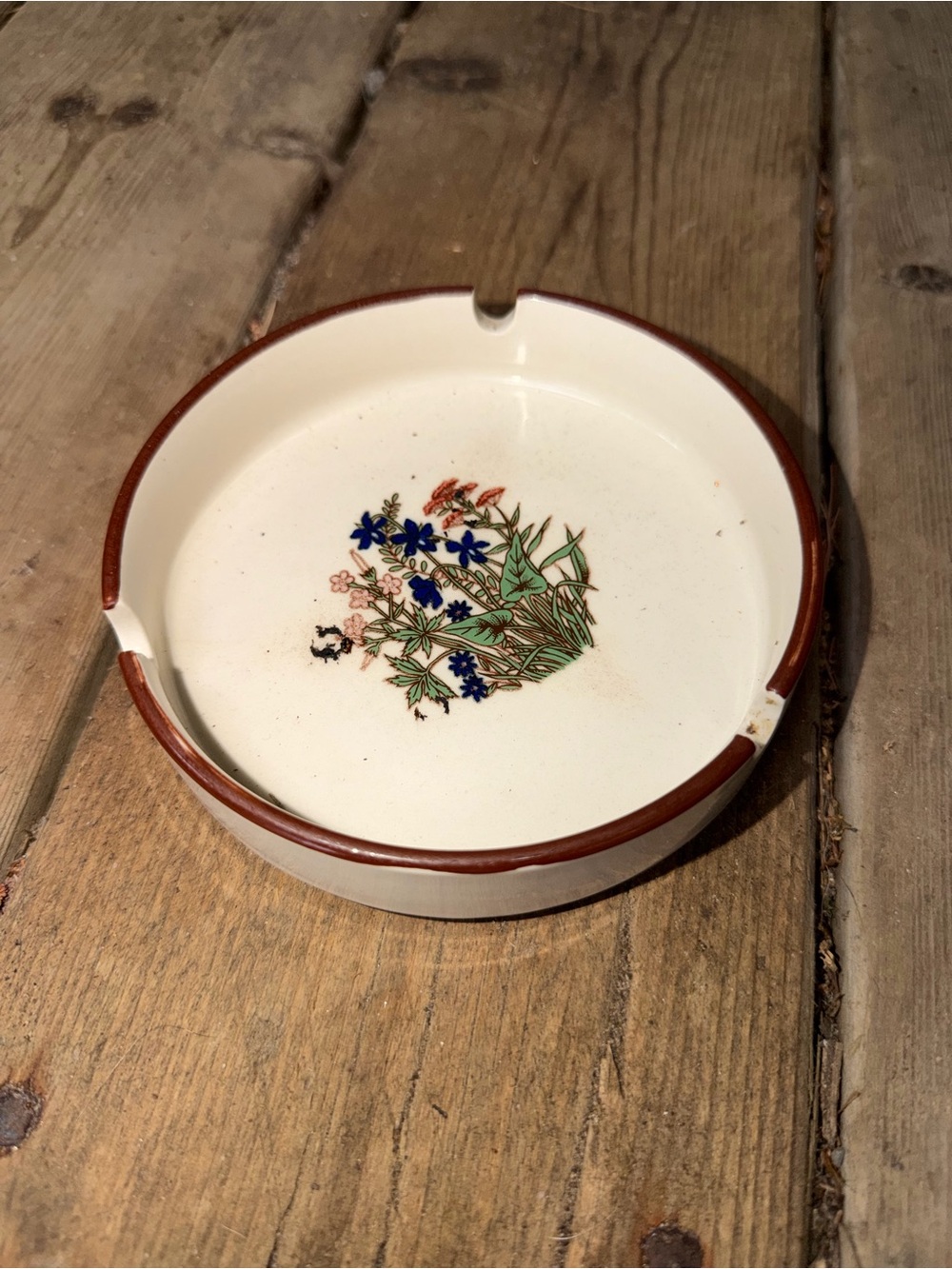Ceramic Floral Ashtray with Brown Rim